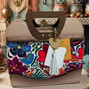 NWT Artisan Beige Floral Satchel - Premium Vegan Leather - Mexican Handmade
